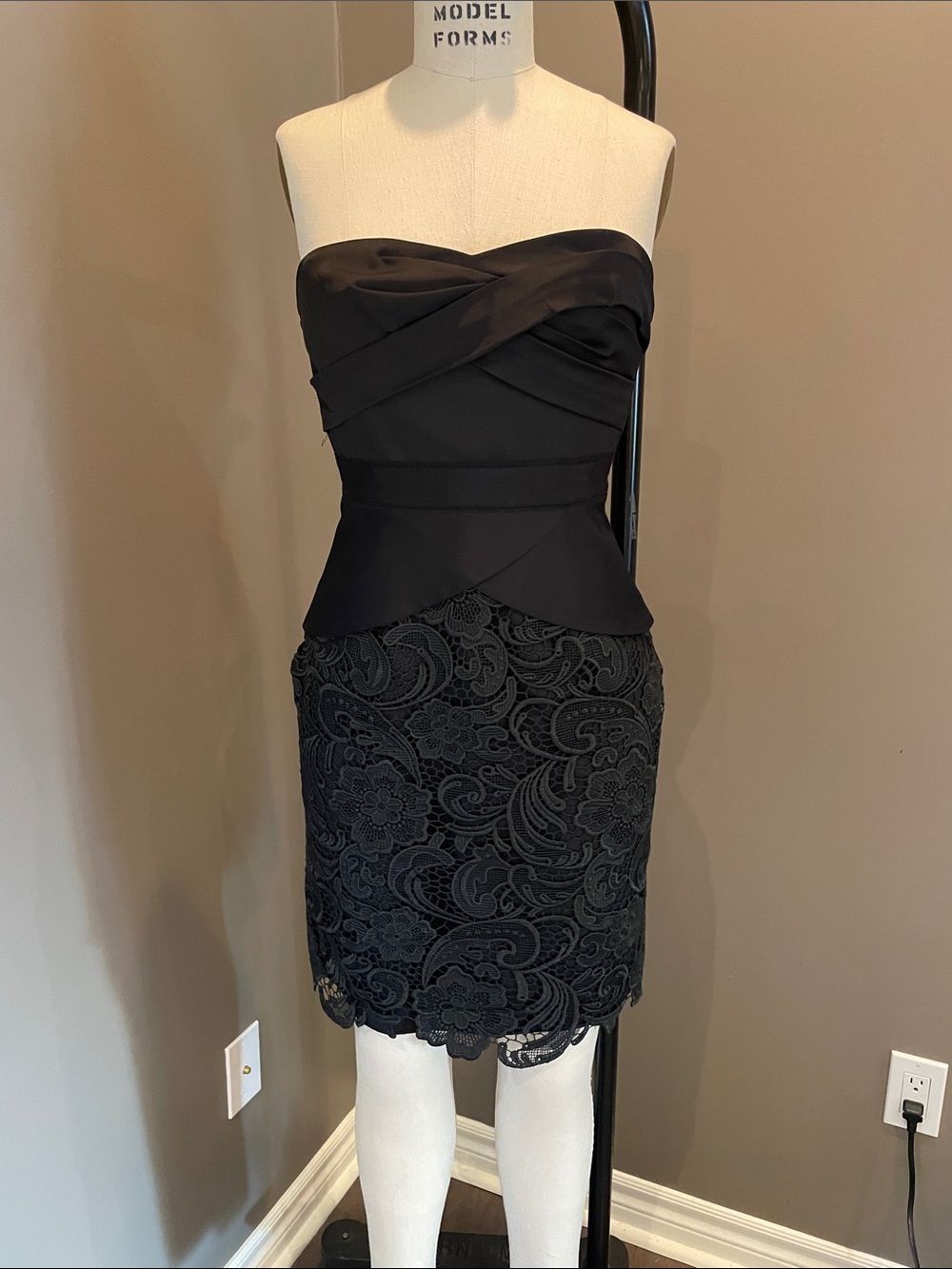 BCBGMaxAzria Strapless Black Lace Peplum Cocktail Dress